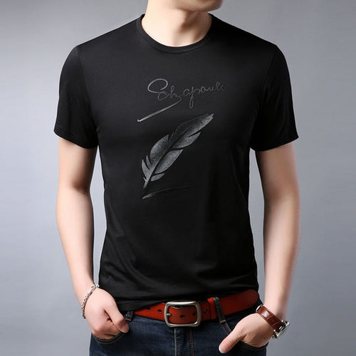 Load image into Gallery viewer, Cursive Letter Feather Printed Cotton Tees-men-wanahavit-Black-M-wanahavit
