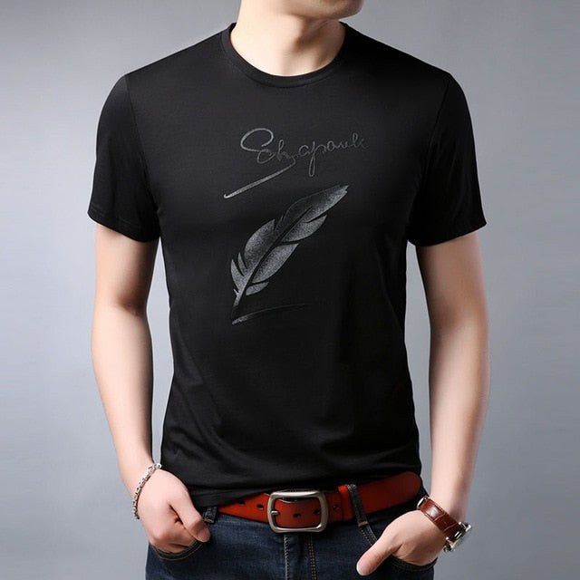 Cursive Letter Feather Printed Cotton Tees-men-wanahavit-Black-M-wanahavit