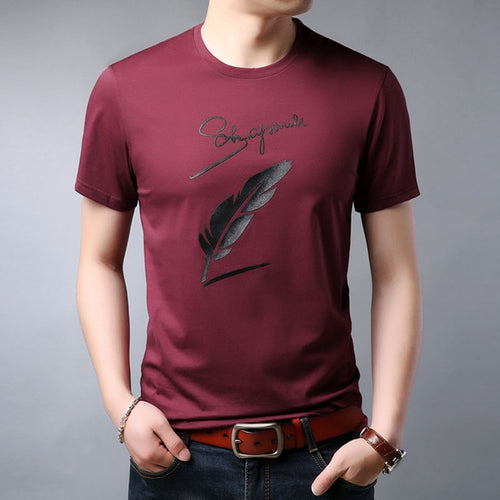 Load image into Gallery viewer, Cursive Letter Feather Printed Cotton Tees-men-wanahavit-Red-M-wanahavit
