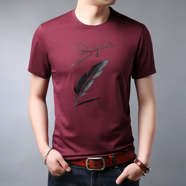 Cursive Letter Feather Printed Cotton Tees-men-wanahavit-Red-M-wanahavit