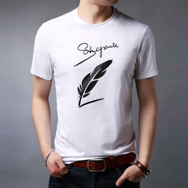 Cursive Letter Feather Printed Cotton Tees-men-wanahavit-White-M-wanahavit