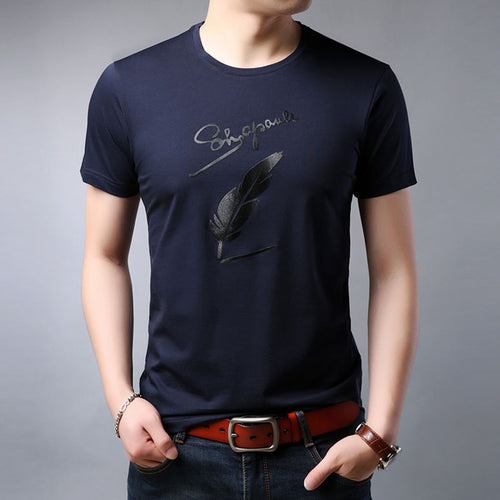 Load image into Gallery viewer, Cursive Letter Feather Printed Cotton Tees-men-wanahavit-Navy Blue-M-wanahavit
