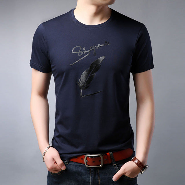 Cursive Letter Feather Printed Cotton Tees-men-wanahavit-Navy Blue-M-wanahavit