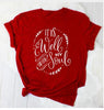 red tee white text