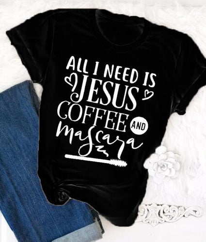 Load image into Gallery viewer, All I Need Is Jesus And Coffee And Mascara Christian Statement Shirt-unisex-wanahavit-black tee white text-L-wanahavit

