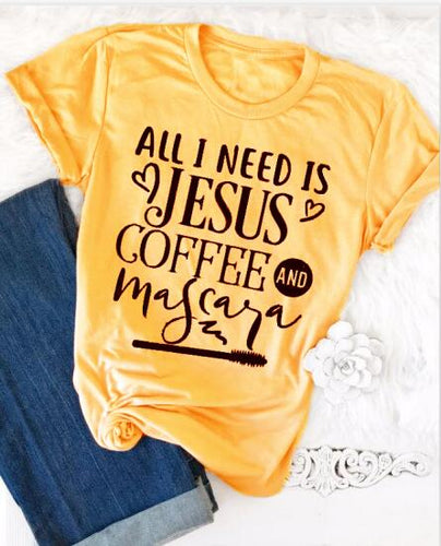 Load image into Gallery viewer, All I Need Is Jesus And Coffee And Mascara Christian Statement Shirt-unisex-wanahavit-gold tee black text-L-wanahavit
