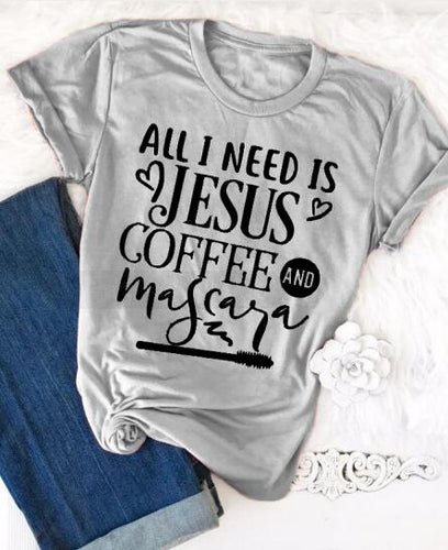 Load image into Gallery viewer, All I Need Is Jesus And Coffee And Mascara Christian Statement Shirt-unisex-wanahavit-gray tee black text-L-wanahavit
