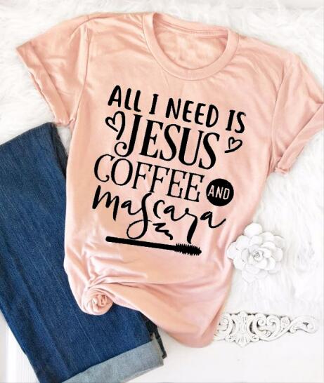 All I Need Is Jesus And Coffee And Mascara Christian Statement Shirt-unisex-wanahavit-peach tee black text-L-wanahavit