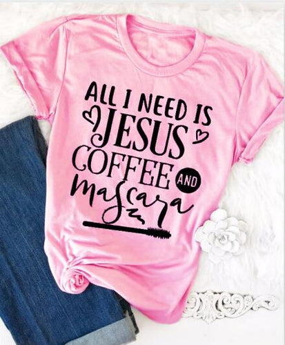 Load image into Gallery viewer, All I Need Is Jesus And Coffee And Mascara Christian Statement Shirt-unisex-wanahavit-pink tee black text-L-wanahavit
