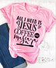 pink tee black text