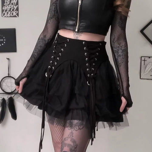 Load image into Gallery viewer, Gothic Patchwork Mesh Bandage Lace Strap Skirt-women-wanahavit-black-L-wanahavit
