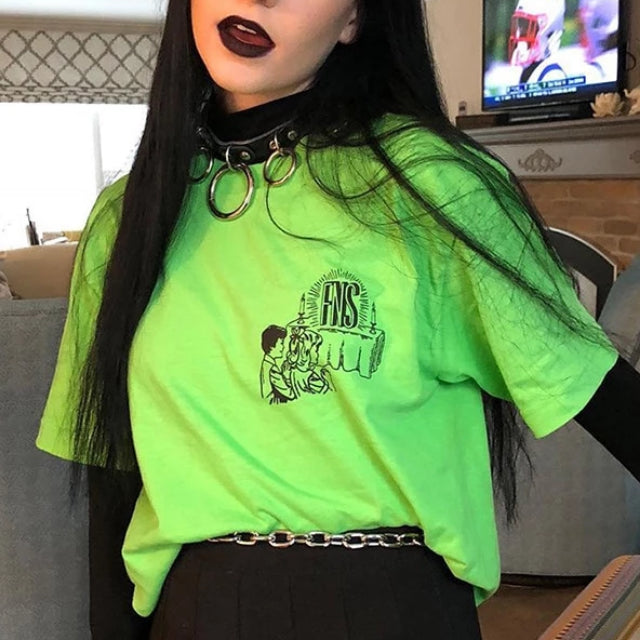 Neon Grunge Cartoon Print Loose Shirt-women-wanahavit-green-L-wanahavit