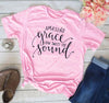 pink tee black text