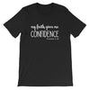 black tee white text