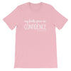 pink tee white text