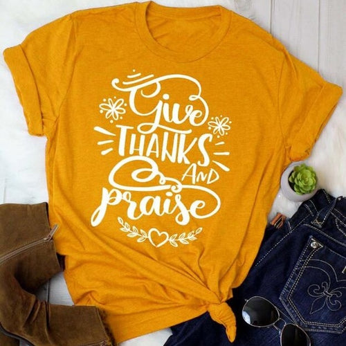 Load image into Gallery viewer, Give Thanks And Praise Christian Statement Shirt-unisex-wanahavit-gold tee white text-L-wanahavit
