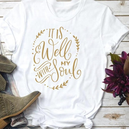 Load image into Gallery viewer, It Is Well With My Soul Christian Statement Shirt-unisex-wanahavit-white tee gold text-L-wanahavit
