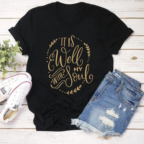Load image into Gallery viewer, It Is Well With My Soul Christian Statement Shirt-unisex-wanahavit-black tee gold text-L-wanahavit

