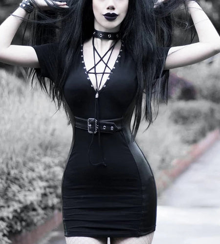 Goth Dark Black Grunge Punk Gothic Pentagram Dress-women-wanahavit-black-L-wanahavit