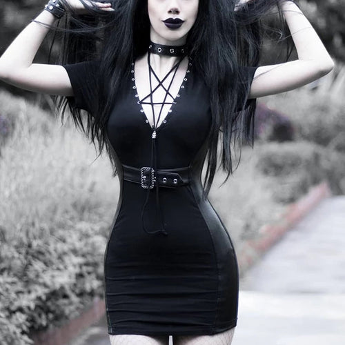 Load image into Gallery viewer, Goth Dark Black Grunge Punk Gothic Pentagram Dress-women-wanahavit-black-L-wanahavit
