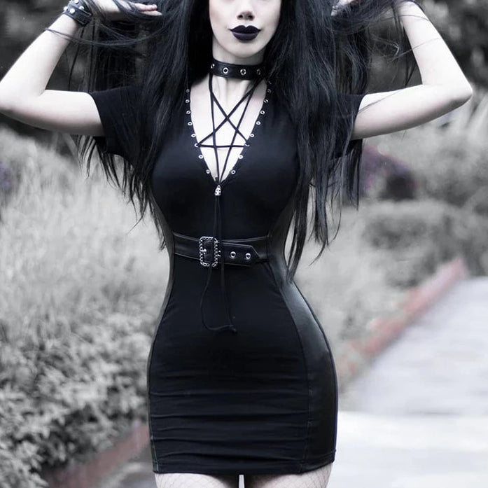 Goth Dark Black Grunge Punk Gothic Pentagram Dress-women-wanahavit-black-L-wanahavit