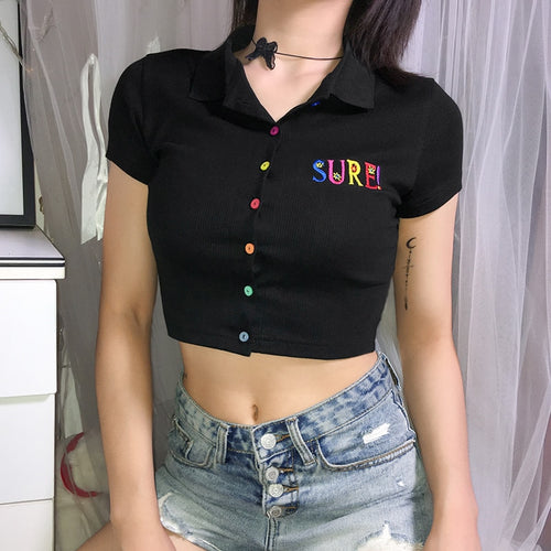Load image into Gallery viewer, Sure Embroidered Colorful Button Crop Top Polo Tees-women-wanahavit-as picture-L-wanahavit

