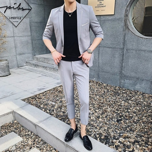 Load image into Gallery viewer, Outline and Contrast Color Business Blazer &amp; Pants-men-wanahavit-gray 2 pieces-M-wanahavit
