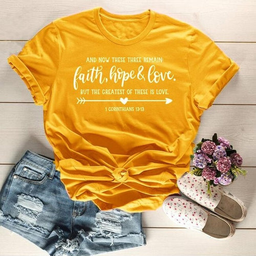 Load image into Gallery viewer, Arrow Faith Hope Love Christian Statement Shirt-unisex-wanahavit-gold tee white text-L-wanahavit
