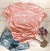 peach tee white text