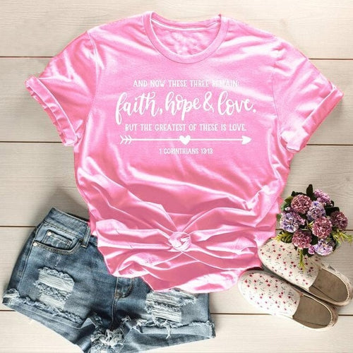 Load image into Gallery viewer, Arrow Faith Hope Love Christian Statement Shirt-unisex-wanahavit-pink tee white text-L-wanahavit
