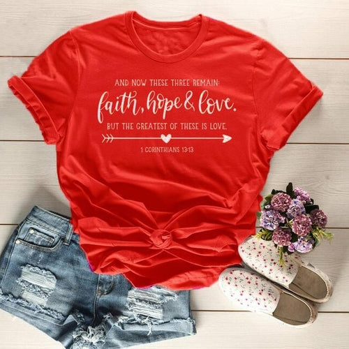 Load image into Gallery viewer, Arrow Faith Hope Love Christian Statement Shirt-unisex-wanahavit-red tee white text-L-wanahavit
