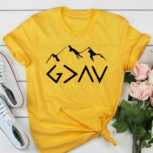 Load image into Gallery viewer, God is Greater Than The Highs And Lows Mountain Christian Statement Shirt-unisex-wanahavit-gold tee black text-L-wanahavit
