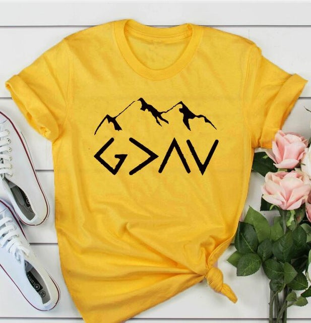 God is Greater Than The Highs And Lows Mountain Christian Statement Shirt-unisex-wanahavit-gold tee black text-L-wanahavit