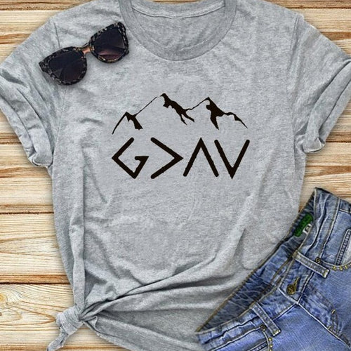 Load image into Gallery viewer, God is Greater Than The Highs And Lows Mountain Christian Statement Shirt-unisex-wanahavit-gray tee black text-L-wanahavit
