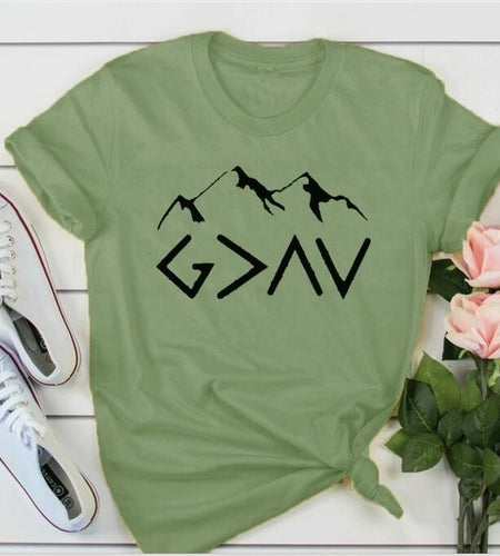 God is Greater Than The Highs And Lows Mountain Christian Statement Shirt-unisex-wanahavit-olive tee black text-L-wanahavit