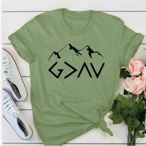 Load image into Gallery viewer, God is Greater Than The Highs And Lows Mountain Christian Statement Shirt-unisex-wanahavit-olive tee black text-L-wanahavit
