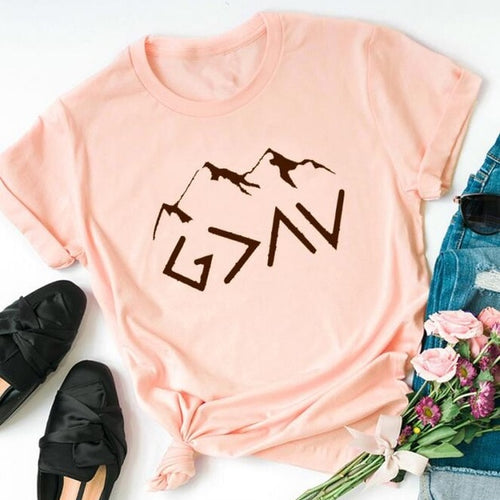 Load image into Gallery viewer, God is Greater Than The Highs And Lows Mountain Christian Statement Shirt-unisex-wanahavit-peach tee black text-L-wanahavit
