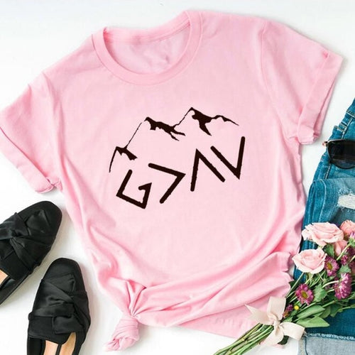 Load image into Gallery viewer, God is Greater Than The Highs And Lows Mountain Christian Statement Shirt-unisex-wanahavit-pink tee black text-L-wanahavit
