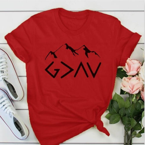 Load image into Gallery viewer, God is Greater Than The Highs And Lows Mountain Christian Statement Shirt-unisex-wanahavit-red tee black text-L-wanahavit
