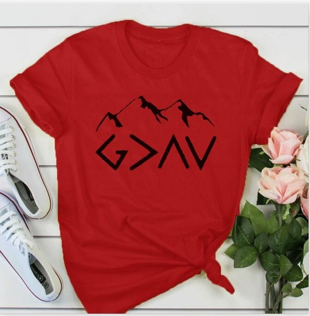 God is Greater Than The Highs And Lows Mountain Christian Statement Shirt-unisex-wanahavit-red tee black text-L-wanahavit