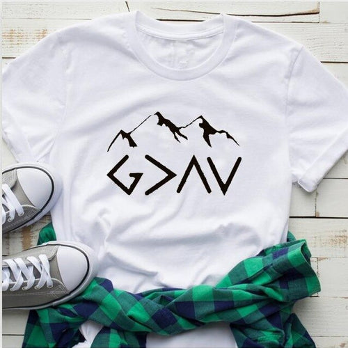 Load image into Gallery viewer, God is Greater Than The Highs And Lows Mountain Christian Statement Shirt-unisex-wanahavit-white tee black text-L-wanahavit
