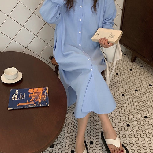 Load image into Gallery viewer, S-2XL Spring Casual Patchwork Cotton Collar Loose Long Sleeve Long Shirt Dress
