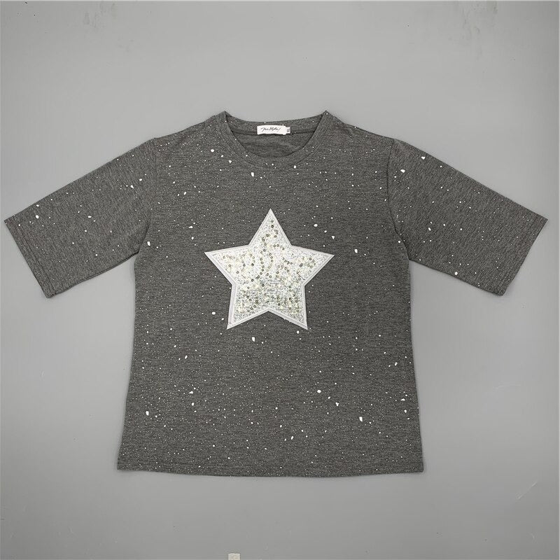 S-2XL Summer Casual Embroidery Star Loose Short Sleeves Tee