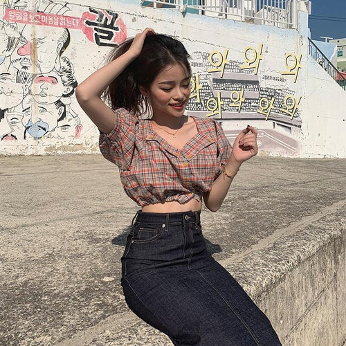 Load image into Gallery viewer, Sexy Short plaid crop top lace-up Puff Sleeve Short Sleeve Blouse
