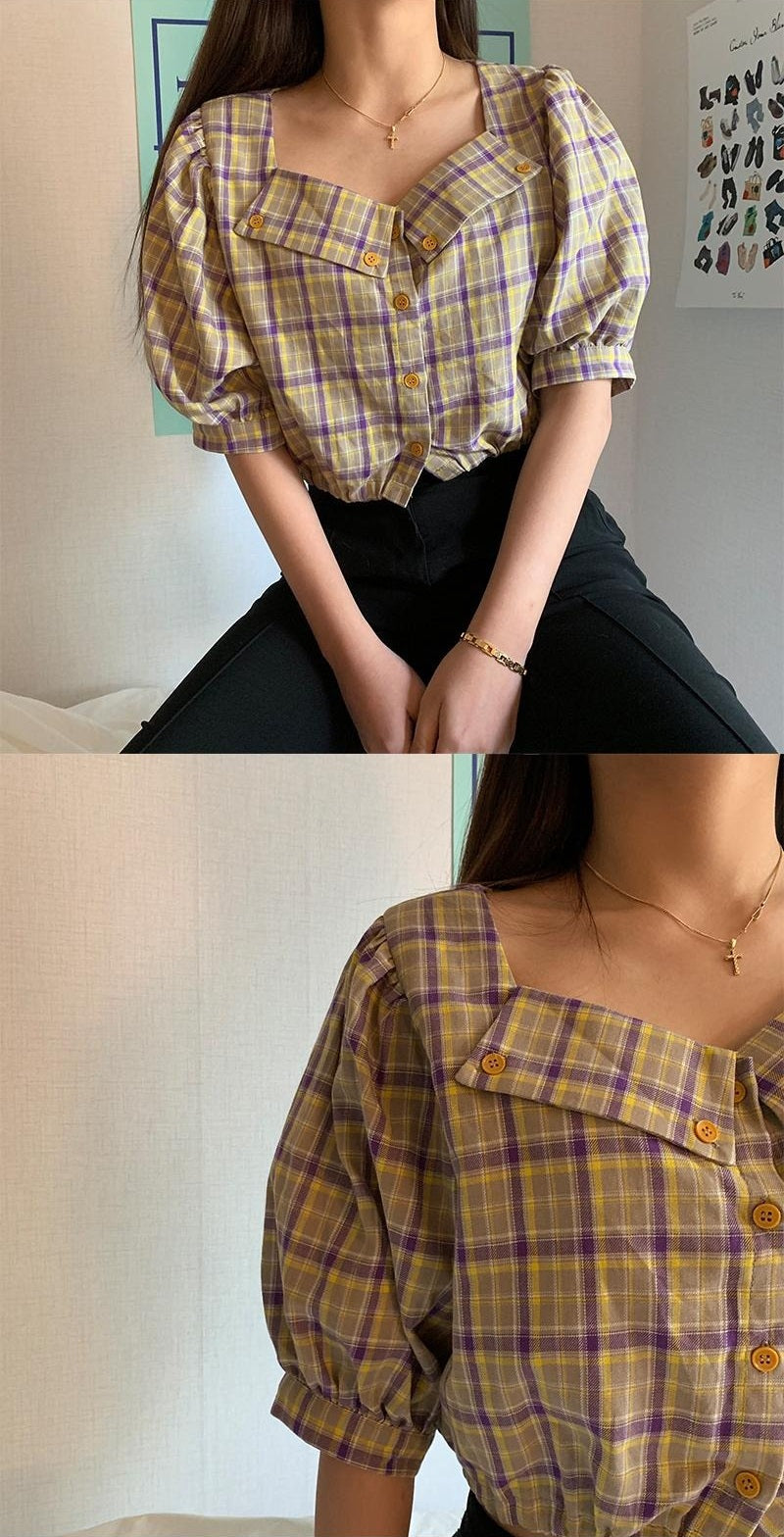 Sexy Short plaid crop top lace-up Puff Sleeve Short Sleeve Blouse