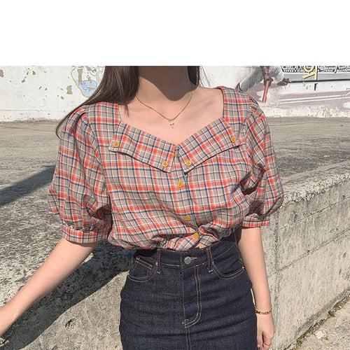 Load image into Gallery viewer, Sexy Short plaid crop top lace-up Puff Sleeve Short Sleeve Blouse
