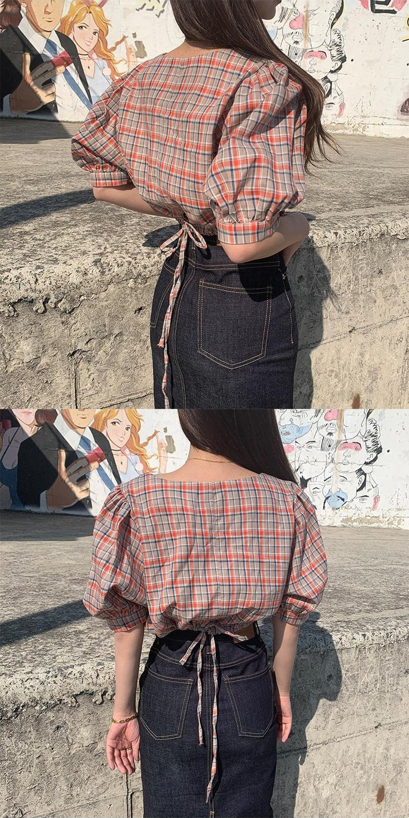 Sexy Short plaid crop top lace-up Puff Sleeve Short Sleeve Blouse