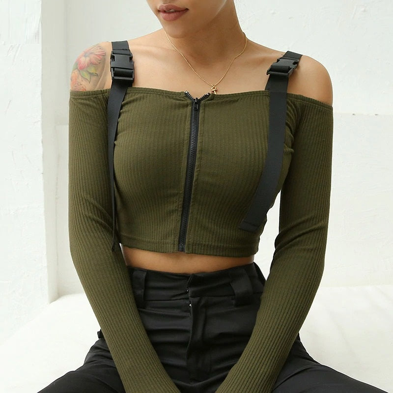 Buckle Sexy Elegant Slash Neck Korean Crop Top Long Sleeve