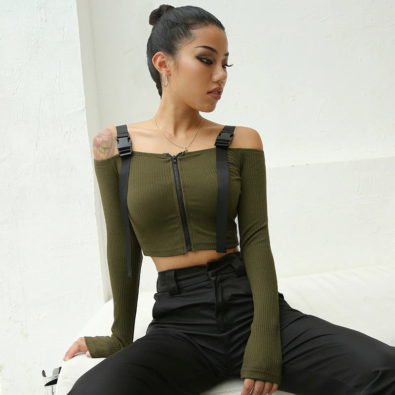 Buckle Sexy Elegant Slash Neck Korean Crop Top Long Sleeve