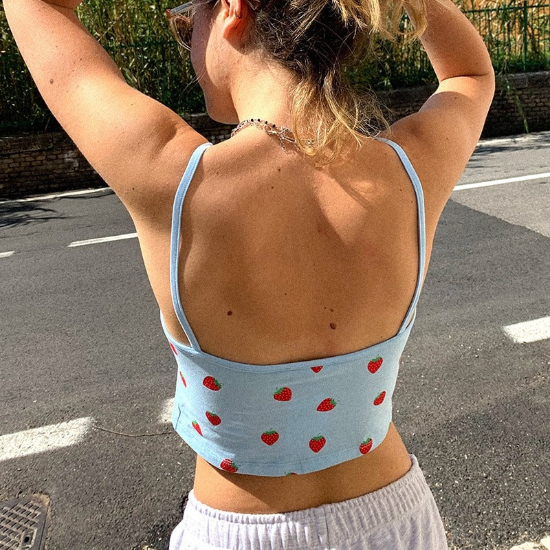 Strawberry Print Sexy Blue Short Casual Sleeveless